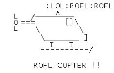 An animated helicopter made of the words 'Lol, ROFL'